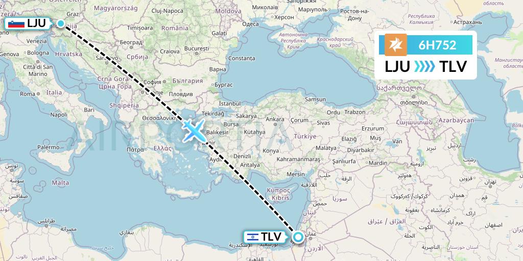 6H752 Israir Airlines Flight Map: Ljubljana to Tel Aviv