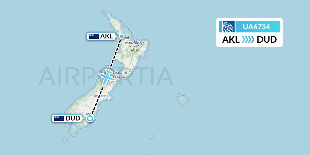 UA6734 United Airlines Flight Map: Auckland to Dunedin