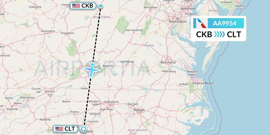 AA9954 American Airlines Flight Map: Clarksburg to Charlotte