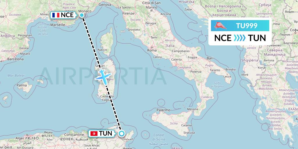 TU999 Tunisair Flight Map: Nice to Tunis