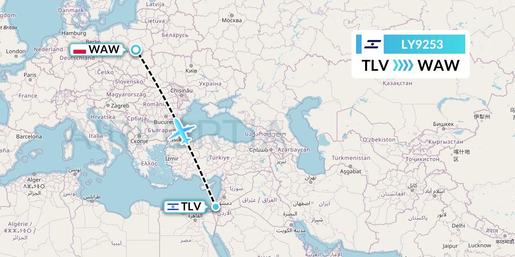 LY9253 El Al Flight Map: Tel Aviv to Warsaw