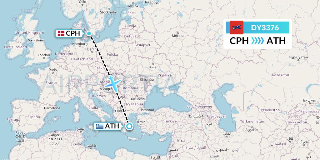 DY3376 Norwegian Flight Map: Copenhagen to Athens