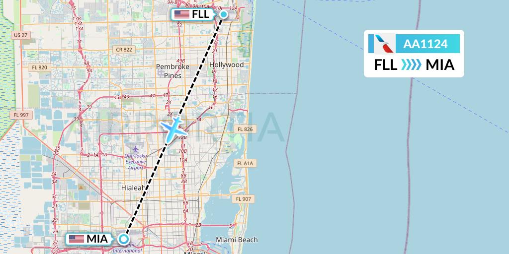 AA1124 American Airlines Flight Map: Fort Lauderdale to Miami