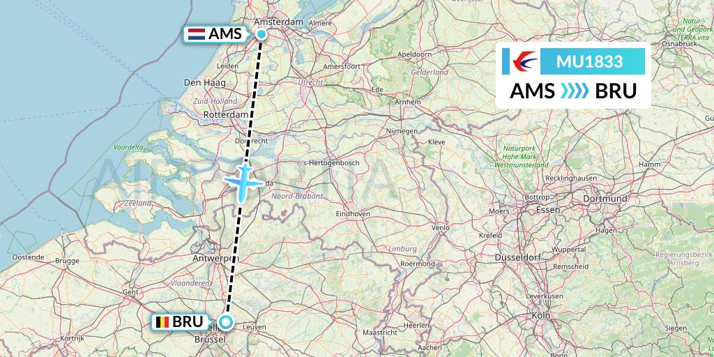 MU1833 China Eastern Airlines Flight Map: Amsterdam to Brussels