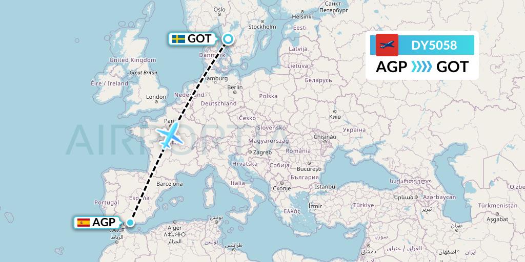 DY5058 Norwegian Flight Map: Malaga to Gothenburg