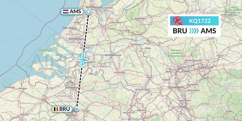 KQ1722 Kenya Airways Flight Map: Brussels to Amsterdam