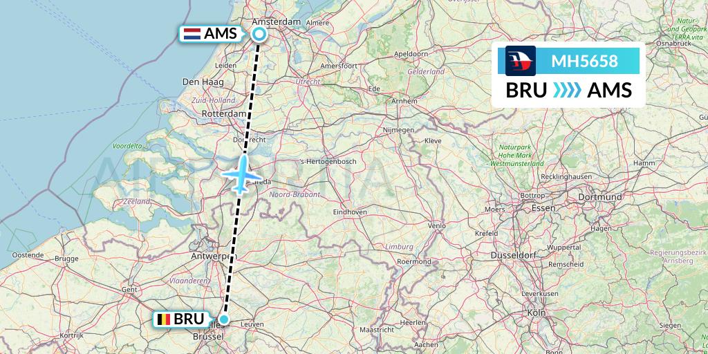 MH5658 Malaysia Airlines Flight Map: Brussels to Amsterdam