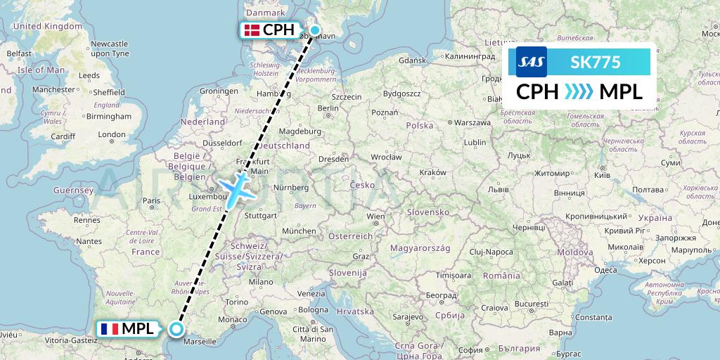 SK775 SAS Flight Map: Copenhagen to Montpellier