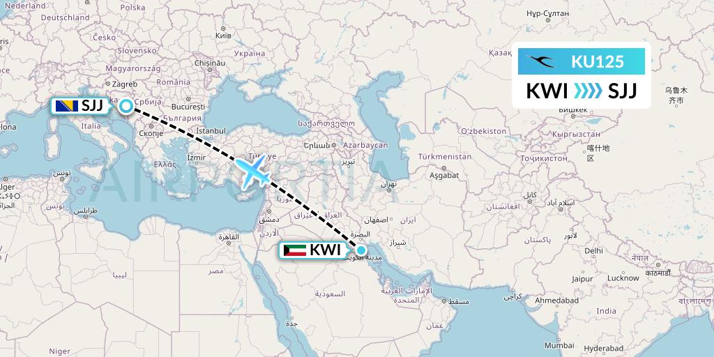 KU125 Kuwait Airways Flight Map: Kuwait City to Sarajevo