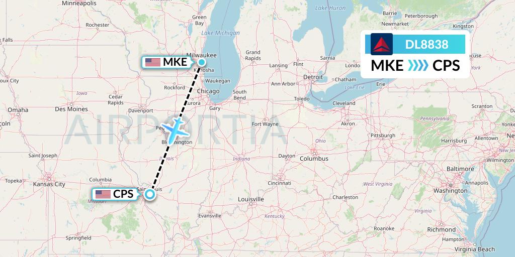 DL8838 Delta Air Lines Flight Map: Milwaukee to St. Louis
