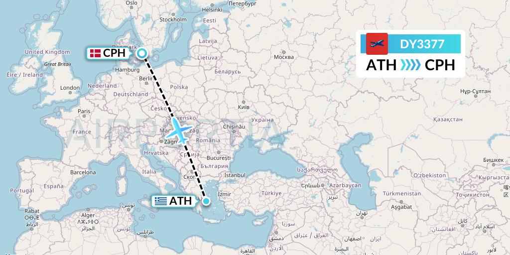 DY3377 Norwegian Flight Map: Athens to Copenhagen