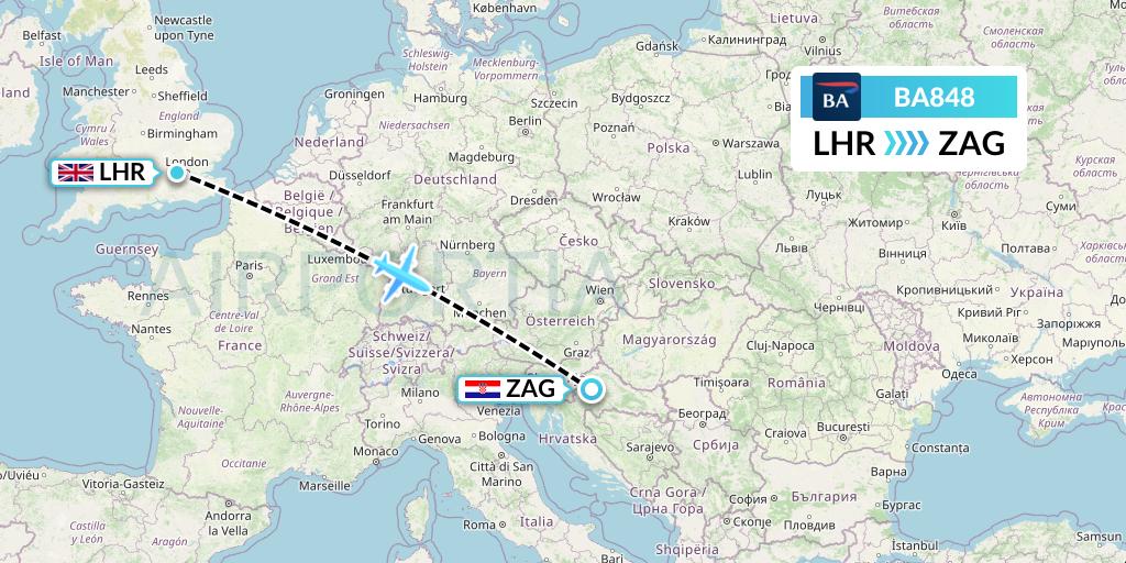 BA848 British Airways Flight Map: London to Zagreb