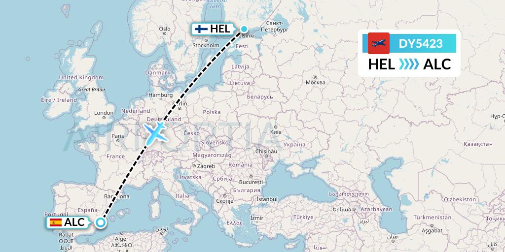 DY5423 Norwegian Flight Map: Helsinki to Alicante