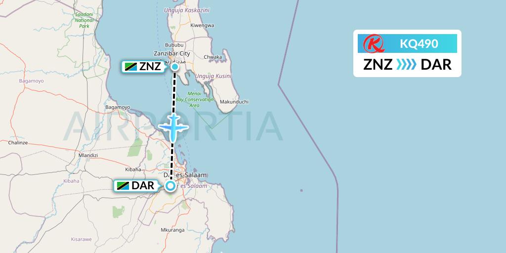 KQ490 Kenya Airways Flight Map: Zanzibar to Dar-es-Salaam