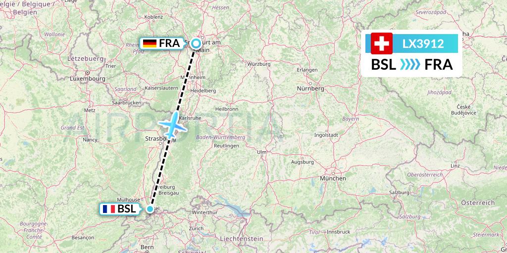LX3912 Swiss Flight Map: Basel to Frankfurt