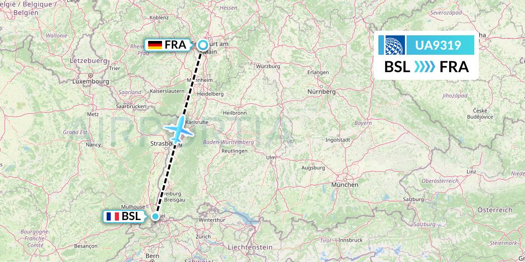 UA9319 United Airlines Flight Map: Basel to Frankfurt