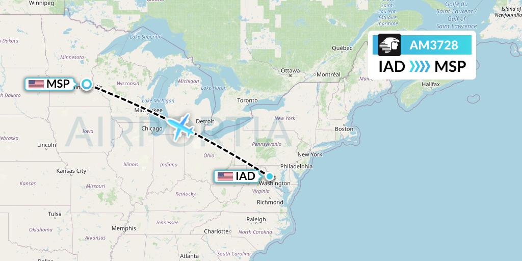 AM3728 Aeromexico Flight Map: Washington to Minneapolis