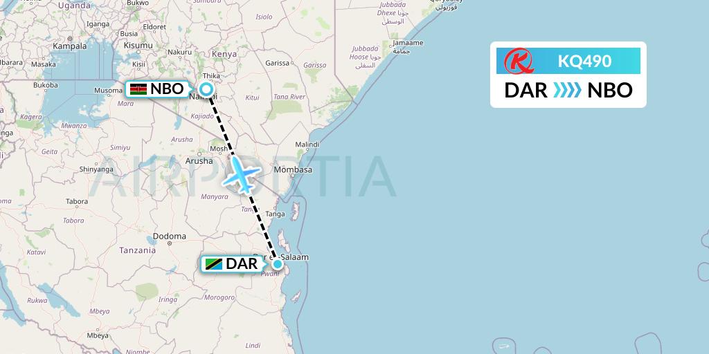 KQ490 Kenya Airways Flight Map: Dar-es-Salaam to Nairobi
