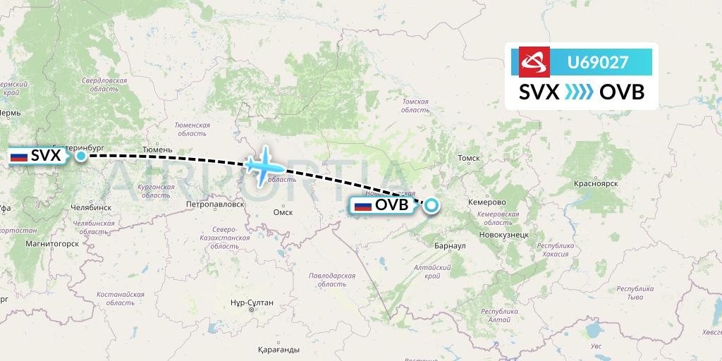U69027 Ural Airlines Flight Map: Yekaterinburg to Novosibirsk