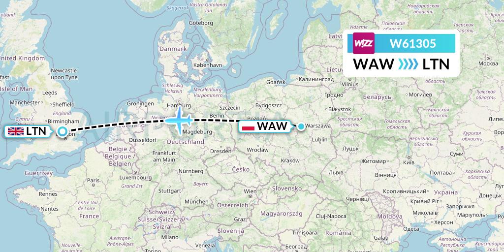 W61305 Wizz Air Flight Map: Warsaw to London