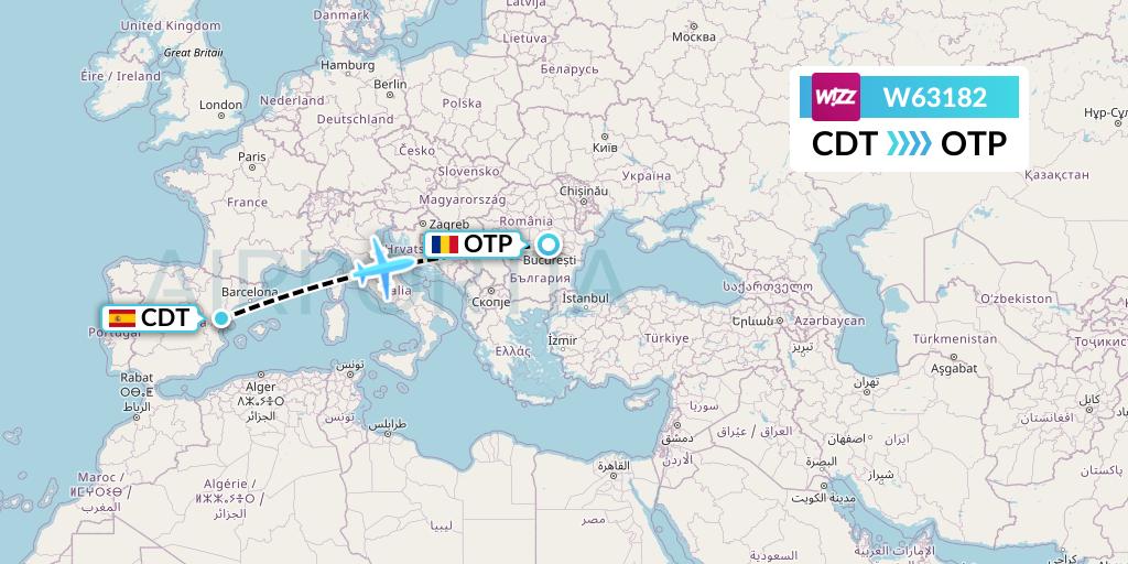 W63182 Wizz Air Flight Map: Castellon de la Plana to Bucharest