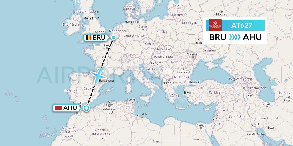AT627 Royal Air Maroc Flight Map: Brussels to Al Hoceima