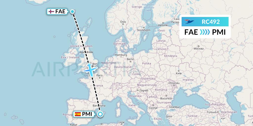 RC492 Atlantic Airways Flight Map: Vagar to Palma de Mallorca