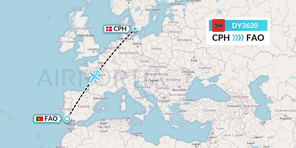 DY3620 Norwegian Flight Map: Copenhagen to Faro