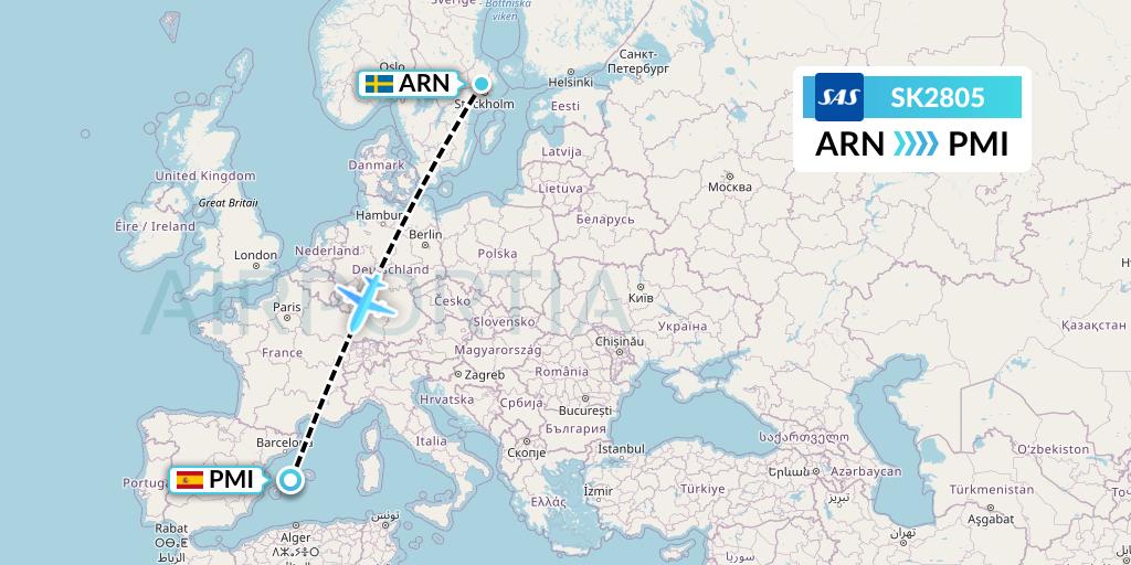 SK2805 SAS Flight Map: Stockholm to Palma de Mallorca