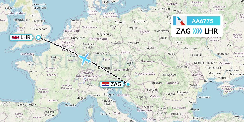 AA6775 American Airlines Flight Map: Zagreb to London