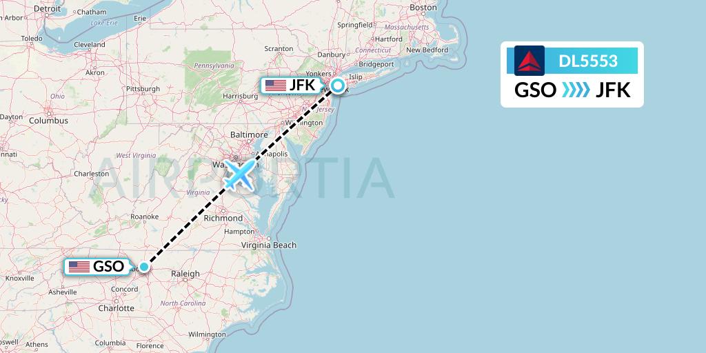 DL5553 Delta Air Lines Flight Map: Greensboro to New York