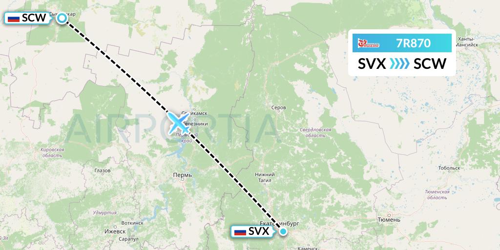 7R870 Rusline Flight Map: Yekaterinburg to Syktyvkar