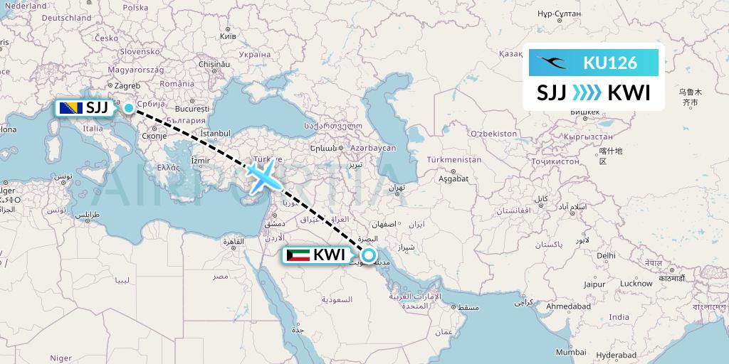 KU126 Kuwait Airways Flight Map: Sarajevo to Kuwait City