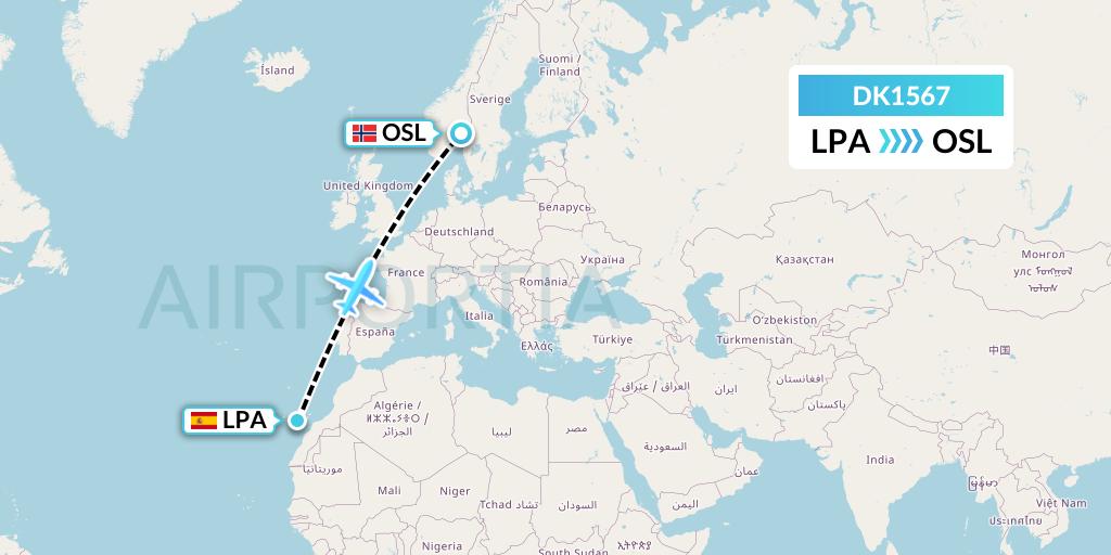 DK1567 Thomas Cook Airlines Scandinavia Flight Map: Las Palmas to Oslo