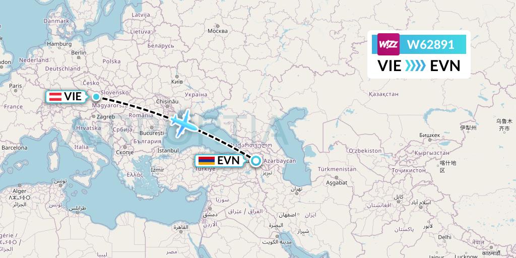 W62891 Wizz Air Flight Map: Vienna to Yerevan