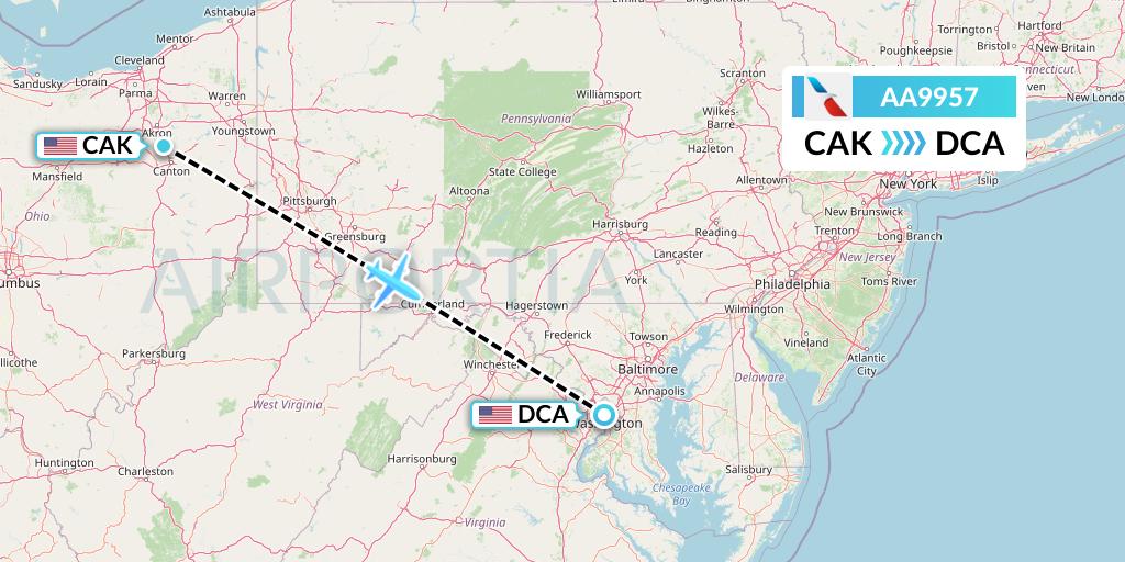 AA9957 American Airlines Flight Map: Akron to Washington