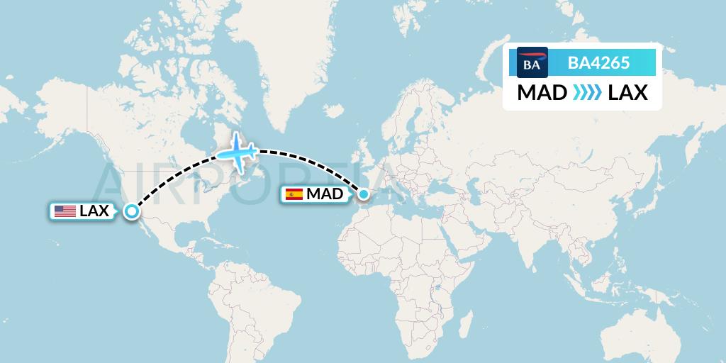 BA4265 British Airways Flight Map: Madrid to Los Angeles
