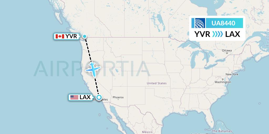 UA8440 United Airlines Flight Map: Vancouver to Los Angeles