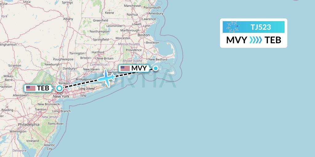 TJ523 Tradewind Aviation Flight Map: Martha's Vineyard to Teterboro