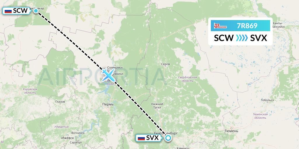 7R869 Rusline Flight Map: Syktyvkar to Yekaterinburg