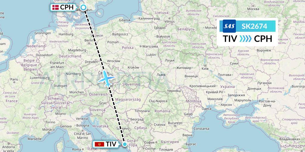 SK2674 SAS Flight Map: Tivat to Copenhagen