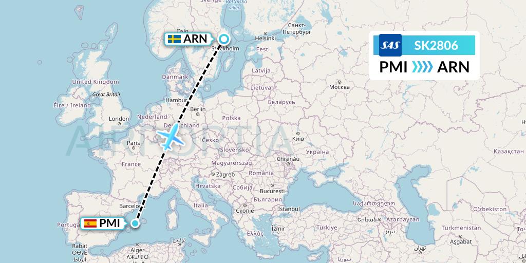 SK2806 SAS Flight Map: Palma de Mallorca to Stockholm