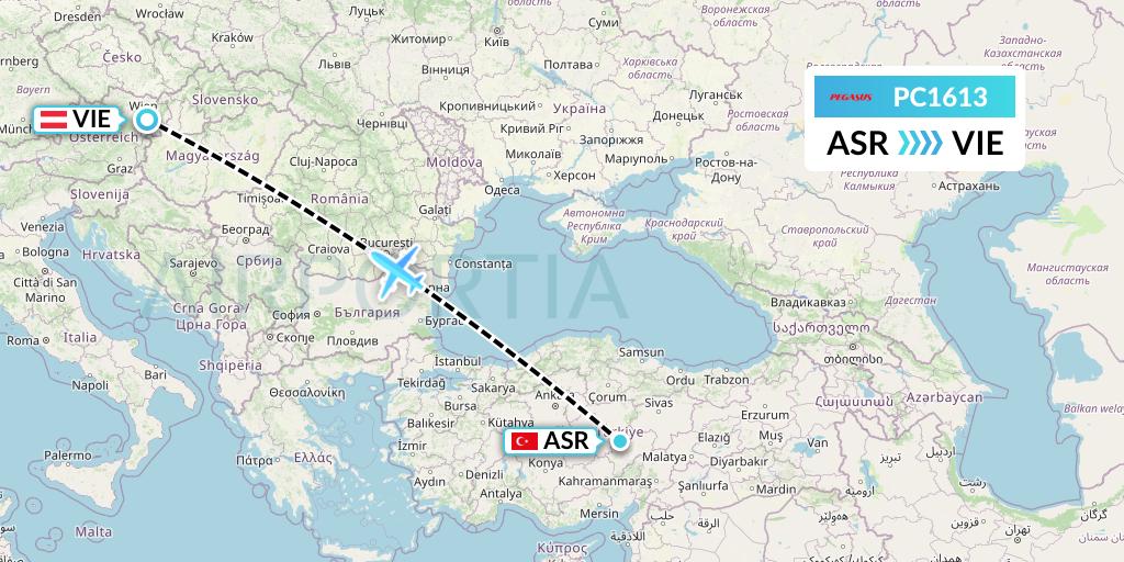PC1613 Pegasus Airlines Flight Map: Kayseri to Vienna