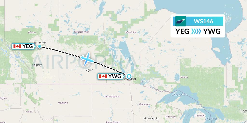 WS146 WestJet Flight Map: Edmonton to Winnipeg