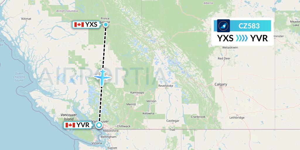 CZ583 China Southern Airlines Flight Map: Prince George to Vancouver