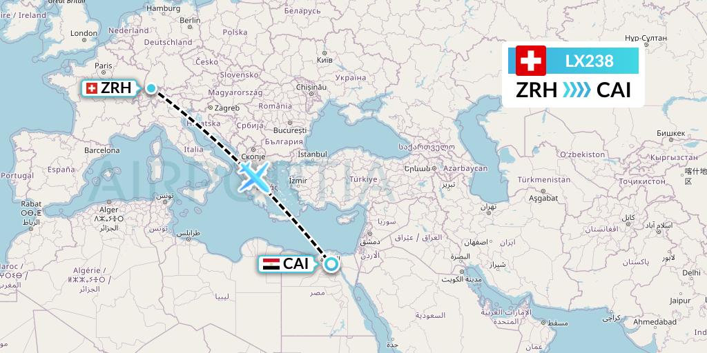 LX238 Swiss Flight Map: Zurich to Cairo