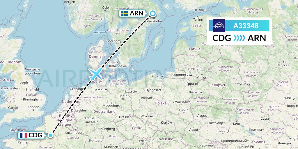A33348 Aegean Airlines Flight Map: Paris to Stockholm