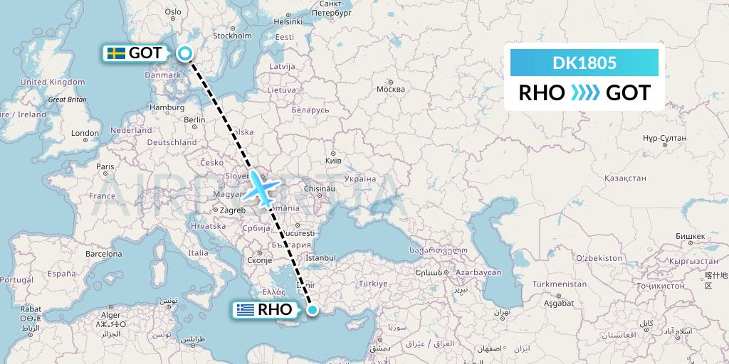 DK1805 Thomas Cook Airlines Scandinavia Flight Map: Rhodes to Gothenburg