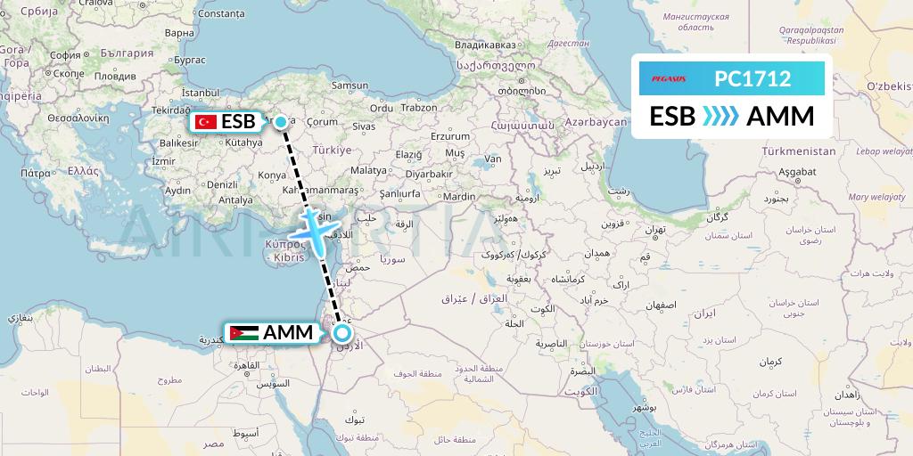 PC1712 Pegasus Airlines Flight Map: Ankara to Amman