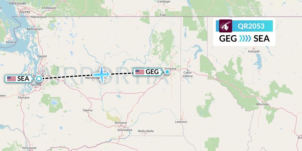QR2053 Qatar Airways Flight Map: Spokane to Seattle